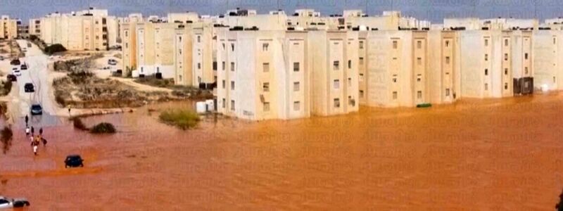 Überflutete Straßen im libyschen Marj. - Foto: ---/Libya Almasar TV/AP/dpa