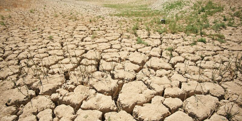 Ein Symptom des schlechten Zustands der Erde: von der Trockenheit zerklüftete und aufgerissene Erde an den Ufern des Viñuela-Stausees in Spanien. - Foto: Felipe Passolas/dpa