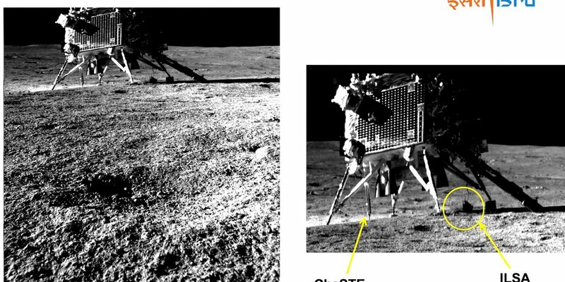 Dieses von der Indischen Weltraumforschungsorganisation (ISRO) zur Verfügung gestellte Bild zeigt den Lander aus Perspektive des Rovers. - Foto: Uncredited/Indian Space Research Organization/AP/dpa
