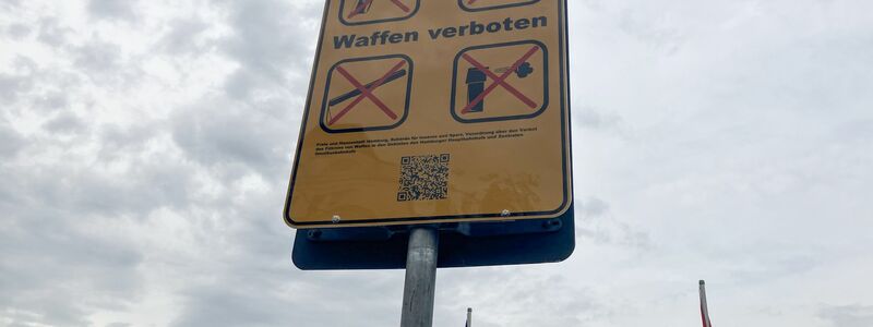 Ein erstes Hinweisschild zum Waffenverbot steht am Hamburger Hauptbahnhof. - Foto: Franziska Spiecker/dpa