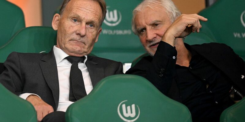 DFB-Vize Hans-Joachim Watzke (l) und DFB-Sportdirektor Rudi Völler auf der Tribüne. Watzke äußerte sich zur USA-Reise und zur EM. - Foto: Julian Stratenschulte/dpa