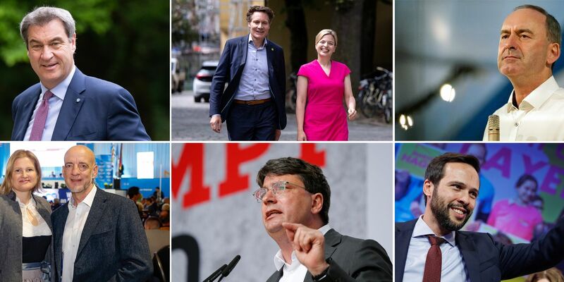 Markus Söder (CSU, oben l-r), Ludwig Hartmann und Katharina Schulze (Bündnis 90/Die Grünen), Hubert Aiwanger (Freie Wähler), Katrin Ebner-Steiner und Martin Böhm (AfD), Florian von Brunn (SPD) und Martin Hagen (FDP). - Foto: -/dpa