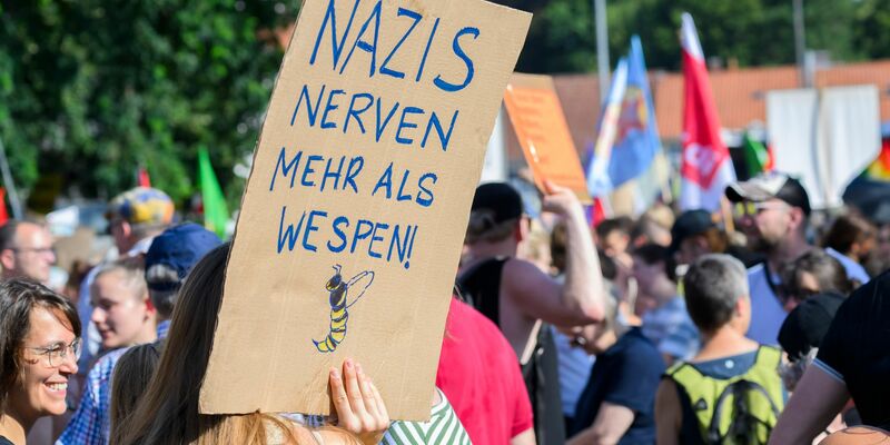 Demonstranten bei einer Demonstration gegen den Landesparteitag der AfD Niedersachsen in der Congress Union Celle. - Foto: Julian Stratenschulte/dpa