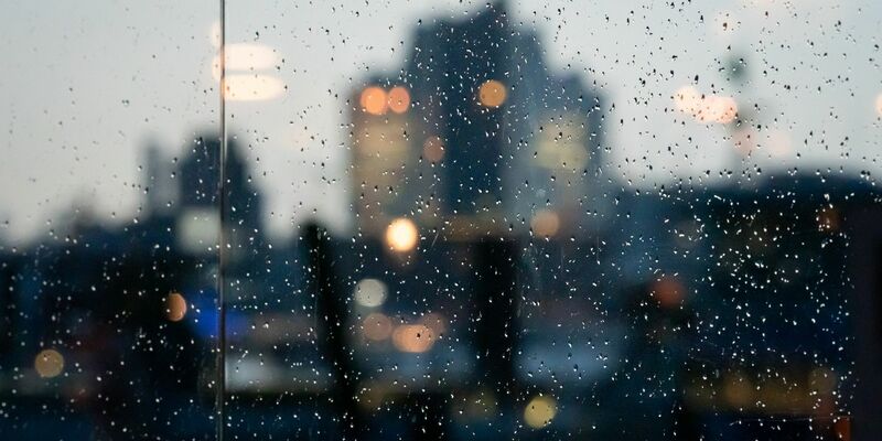 Die Elbphilharmonie in Hamburg hinter der Scheibe einer Bushaltestelle mit Regentropfen. - Foto: Jonas Walzberg/dpa
