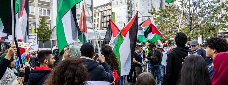 Mit zahlreichen Palästina-Fahnen zogen Menschen durch Düsseldorf. Die Stimmung sei emotional gewesen, aber es habe keine nennenswerten Zwischenfälle gegeben, teilte die Polizei mit. - Foto: Christoph Reichwein/dpa