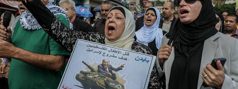 «Die Tötung palästinensischer Kinder ist ein legitimes Ziel für Israel» und «Boykottiert amerikanische und israelische Produkte», steht auf dem Schild dieser Demonstrantin in Nablus im Westjordanland. - Foto: Ayman Nobani/dpa