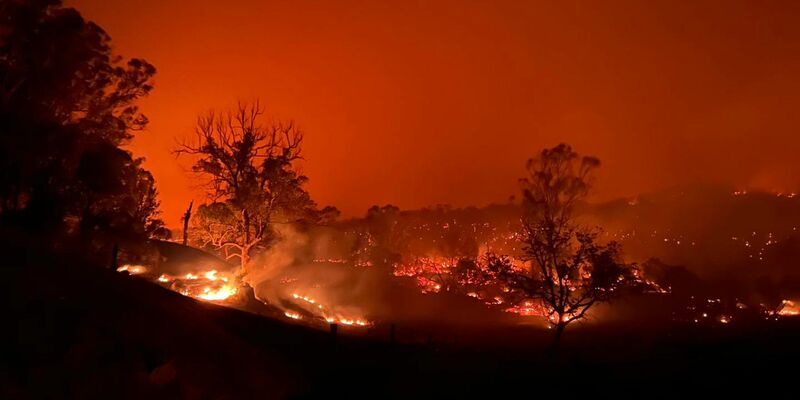 Das Buschfeuer nahe Kempsey nordöstlich von Sydney. - Foto: -/WOOLGOOLA FIRE AND RESCUE/AAP/dpa