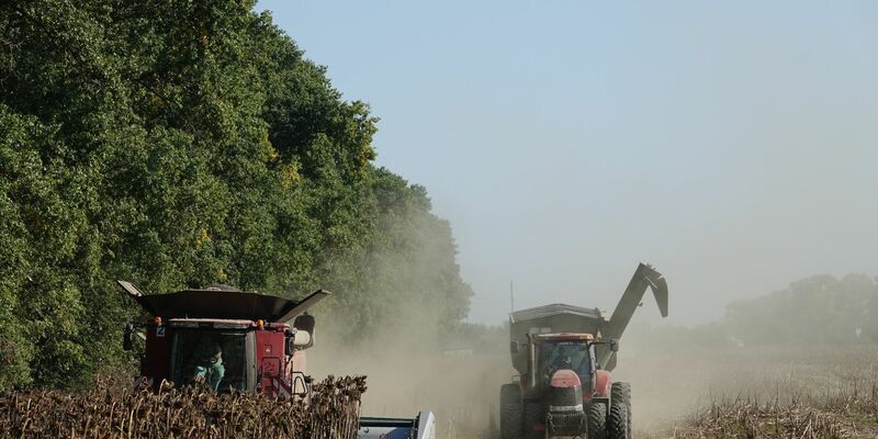 Ein Mähdrescher und ein Traktor der deutschen Agrarfirma UIFK Agro in der Ukraine bei der Sonnenblumenernte. - Foto: Friedemann Kohler/dpa