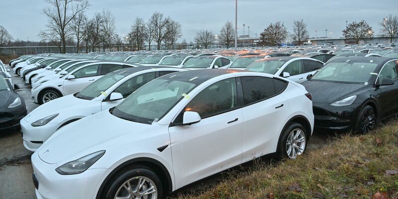 Neue Elektrofahrzeuge vom Typ Model Y stehen am frühen Morgen auf einem Parkplatz am Terminal 5 des Hauptstadtflughafen Berlin-Brandenburg. - Foto: Patrick Pleul/dpa