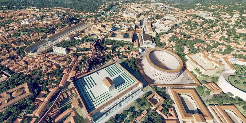 Das computergenerierte Bild zeigt eine Luftaufnahme des antiken Roms im Jahr 320 n. Chr. mit dem Kolosseum (M) als 3D-Rekonstruktion «Rome Reborn 4.0». - Foto: Flyover Zone/dpa