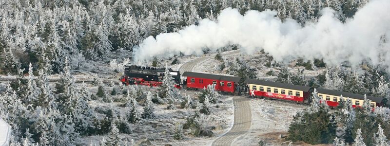 Idyllisch: Ein Zug der Harzer Schmalspurbahnen fährt durch den mit Raureif bedeckten Brockenwald. - Foto: Matthias Bein/dpa