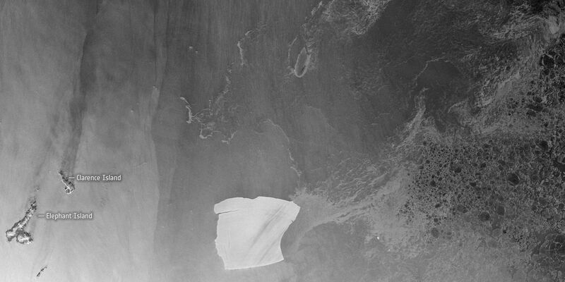 Der als A23a bekannte Eisberg bewegt sich vergleichsweise schnell von den antarktischen Gewässern weg, wie Satellitenaufnahmen zeigen. - Foto: contains modified Copernicus Sentinel data (2023), processed by ESA/dpa