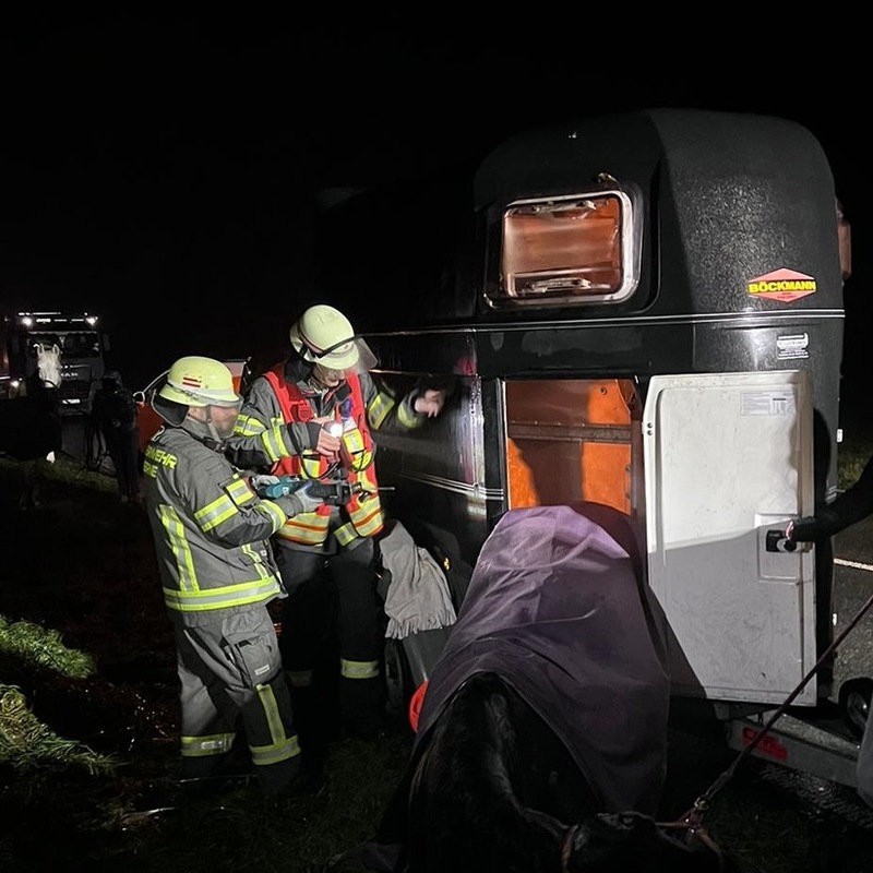 FW-WRN: TH_TIER - LZ1 - Pferd nach Bremsung im Anhänger eingeklemmt, 2. Pferd mit im Anhänger - Foto: presseportal.de