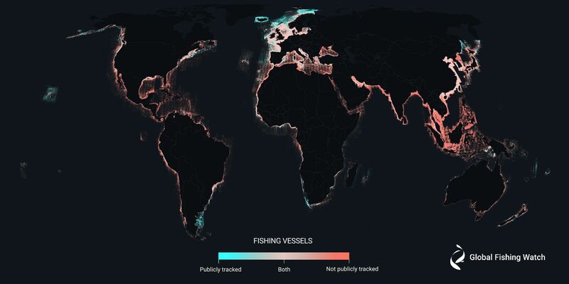 Auf der Karte sind die Fahrten von Fischereischiffen, die sich nicht nachverfolgen ließen, rot markiert. Forscher fanden heraus, dass es zu drei Vierteln aller Fischereifahrten keine öffentlich zugänglichen Daten gibt. - Foto: Global Fishing Watch/dpa