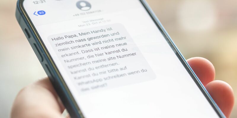 Eine Frau hält ein Smartphone in ihrer Hand, auf dessen Display eine Betrugs-SMS zu lesen ist. - Foto: Fernando Gutierrez-Juarez/dpa