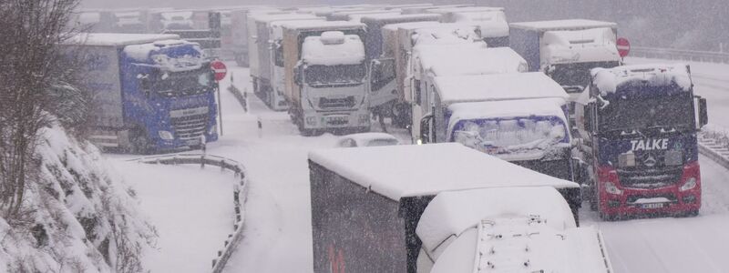 Lastwagen stecken im Stau auf der schneebedeckten Autobahn 5 bei Alsfeld fest. - Foto: Bernd März/dpa