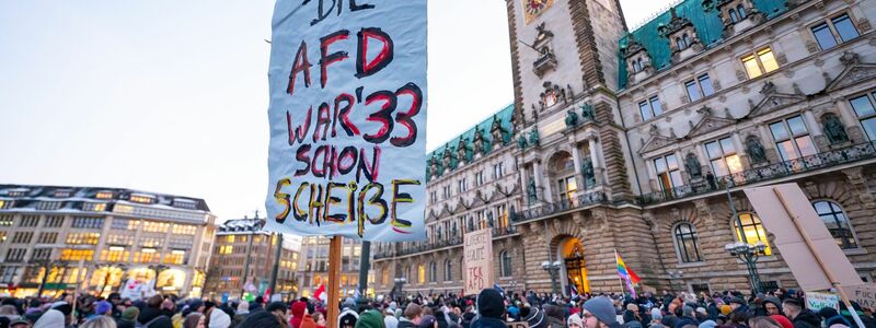 Die AfD war' 33 schon Scheiße: Mit diesem Schild wird in Hamburg gegen ein Zeichen des Widerstands gegen rechtsextreme Umtriebe gesetzt. - Foto: Jonas Walzberg/dpa