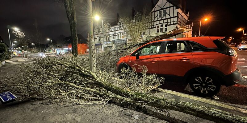 Der britische Wetterdienst warnt vor extrem starkem Wind und Regen: In der nordirischen Hauptstadt Belfast sind mehrere Bäume umgestürzt. - Foto: Liam Mcburney/PA Wire/dpa