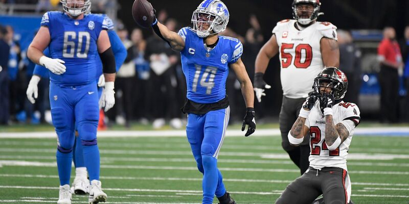 Er trägt die Nummer 14 und er ist in Topform: Amon-Ra St. Brown von den Detroit Lions. - Foto: Jose Juarez/AP/dpa