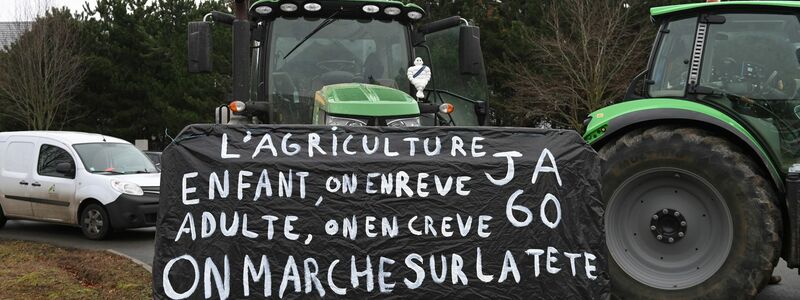 Landwirte vor einer Demonstration in der Nähe von Beauvais in Nordfrankreich. Auf dem Banner steht: Landwirtschaft, ein Kindheitstraum, der uns als Erwachsene umbringt. Die Welt ist aus den Fugen geraten. - Foto: Matthieu Mirville/AP/dpa