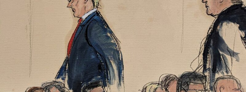 Diese Gerichtssaal-Skizze zeigt, wie der ehemalige Präsidenten Donald Trump (l) gefolgt von seinem Rechtsbeistand Boris Epshteyn den Gerichtssaal verlässt. - Foto: Elizabeth Williams/AP/dpa