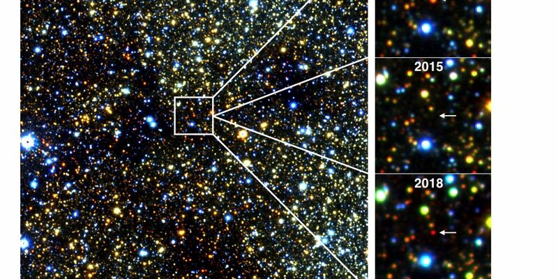 Infrarotbilder eines etwa 30.000 Lichtjahre entfernten roten Riesensterns in der Nähe des Zentrums unserer Milchstraßengalaxie, der im Laufe mehrerer Jahre verblasste und wieder auftauchte. - Foto: Philip Lucas/University of Hertfordshire/dpa