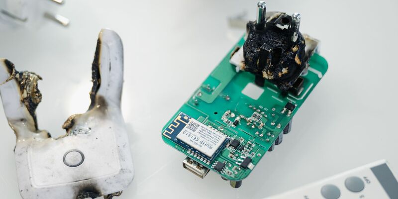 Eine verbrannte Funksteckdose: «Der Trend unzulässiger und risikobehafteter Produkte aus Drittstaaten setzt sich fort.» - Foto: Marius Becker/dpa