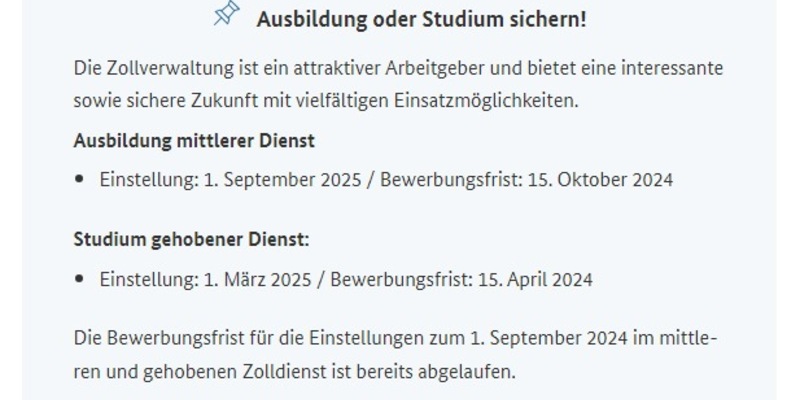 HZA-KI: Hauptzollamt Kiel sucht die nächste Generation / Am 23.02. und 24.02.2024 auf der Ausbildungsmesse öffentlicher Dienst in Lübeck im Citti Park informieren - Foto: presseportal.de