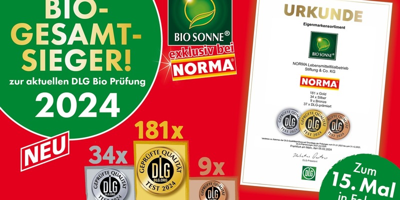 Bio-Gesamtsieger 2024: NORMA kann sich auf 224 DLG-Auszeichnungen für die Eigenmarke BIO SONNE bei der BIOFACH 2024 freuen / Lebensmittel-Discounter NORMA auch in diesem Jahr wieder meist prämiert - Foto: presseportal.de