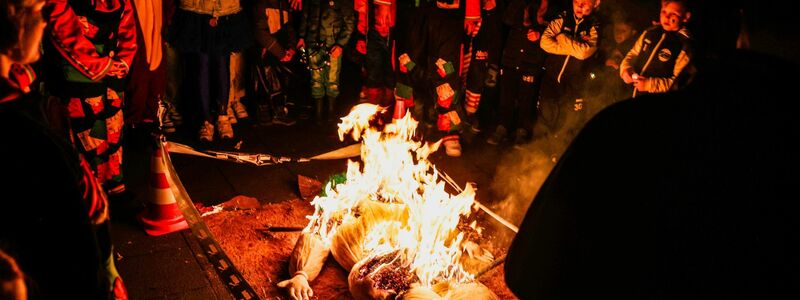 Karnevalisten verfolgen die Verbrennung des Nubbels in Köln. - Foto: Oliver Berg/dpa