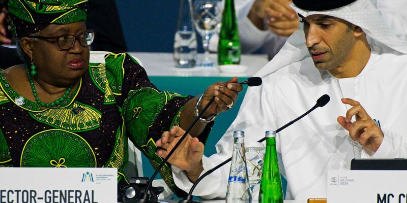 Der emiratische Staatsminister für Außenhandel, Thani bin Ahmed al-Zeyoudi, sitzt neben der Generaldirektorin der Welthandelsorganisation, Ngozi Okonjo-Iweala, beim 13. Ministertreffen der Welthandelsorganisation. - Foto: Jon Gambrell/AP/dpa