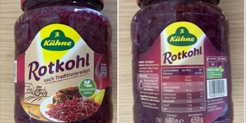 Produktrückruf Kühne Rotkohl nach Traditionsrezept 720 ml im Glas: Gefahr durch Fremdkörper im Produkt - Foto: presseportal.de