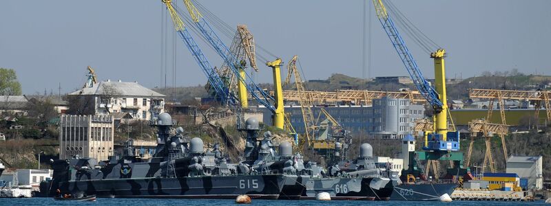 Schiffe der russischen Schwarzmeerflotte liegen am 31. März 2014 in einer der Buchten von Sewastopol. Durch ukrainische Drohnenangriffe soll nun ein schweres Patrouillenboot der Schwarzmeerflotte getroffen worden sein. - Foto: Uncredited/AP/dpa