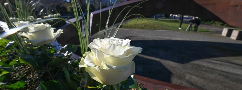 Weiße Rosen stehen an der Gedenkstätte Gebrochener Ring einer Schule in Winnenden. Damit wird den 16 Toten des Amoklaufs gedacht. - Foto: Bernd Weißbrod/dpa