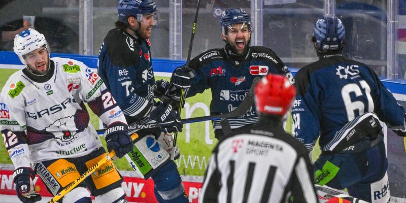 Die Straubing Tigers (blaue Trikots) holten in der Serie gegen die Eisbären den ersten Sieg. - Foto: Armin Weigel/dpa