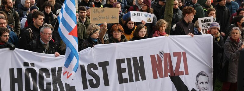 Demonstrantinnen und Demonstranten protestieren am Justizzentrum in Halle gegen Björn Höcke. - Foto: Jan Woitas/dpa