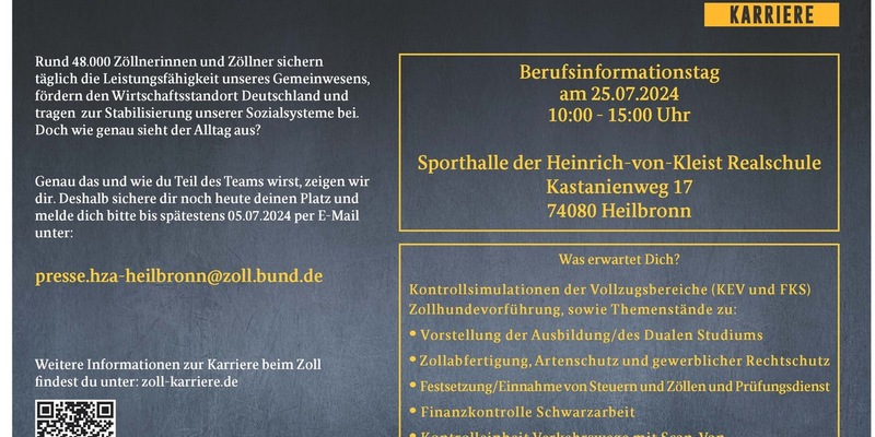 HZA-HN: Zoll Schnuppertag am 25. Juli 2024/Veranstaltung für ausbildungs- und studieninteressierte Jugendliche oder Neudurchstarter - Foto: presseportal.de