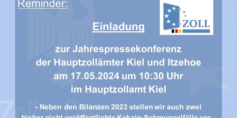 HZA-KI: Einladung des Zolls in Schleswig-Holstein zur Jahrespressekonferenz / Die Hauptzollämter Kiel und Itzehoe stellen ihre Bilanzzahlen aus 2023 und zusätzlich zwei Kokain-Schmuggelfälle vor - Foto: presseportal.de