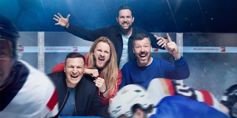 Basti Schwele Christoph Icke Dommisch Matthias Killing Rick Goldmann Eishockey-WM - Foto: Seven.One/Marc Rehbeck, presseportal.de