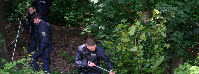 Polizisten suchen mit Suchstangen in einem Waldstück bei Döbeln nach der vermissten Grundschülerin. - Foto: Robert Michael/dpa