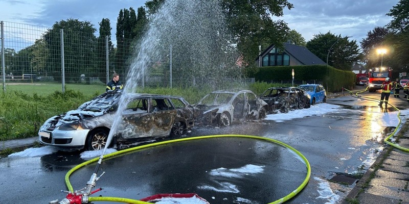 FW-PI: Drei Fahrzeuge brennen aus, darunter ein Hybdrid- und ein Vollelektrofahrzeug / Langwierige Nachlöscharbeiten - Foto: presseportal.de