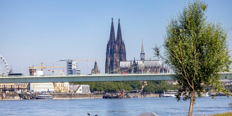 Ein Kajakfahrer rudert auf dem Rhein, im Hintergrund ist der Kölner Dom und die Severinbrücke zu sehen. - Foto: Thomas Banneyer/dpa