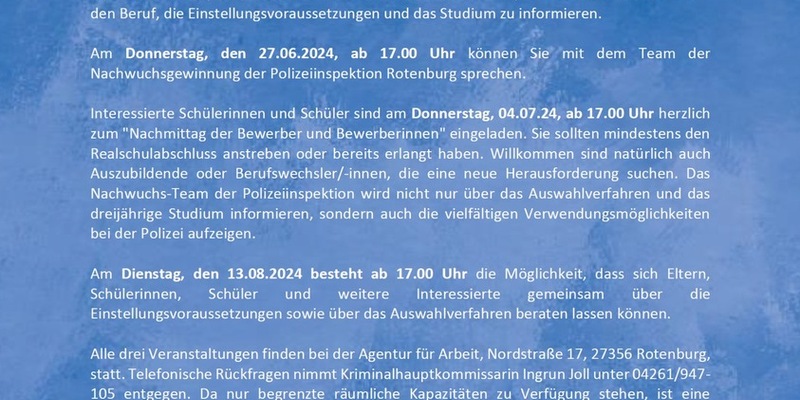 POL-ROW: ++ Erinnerung: Polizeiinspektion Rotenburg lädt zu spannenden Info-Veranstaltungen ein! ++ Lust auf Polizei? ++ - Foto: presseportal.de