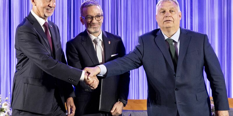 Andrej Babis (l-r), Herbert Kickl und Viktor Orban in Wien. - Foto: Tobias Steinmaurer/APA/dpa