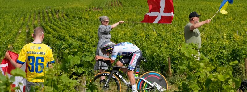 Der belgische Etappensieger Remco Evenepoel fährt durch die Weinberge. - Foto: Jerome Delay/AP/dpa
