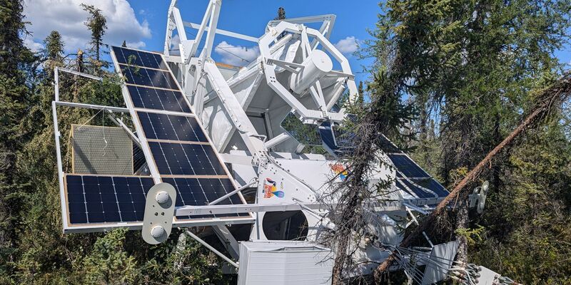 Der Fallschirm des Observatoriums Sunrise III hängt nach der Landung zwischen den Bäumen in der Wildnis. - Foto: Daniel Maase/MPS/dpa