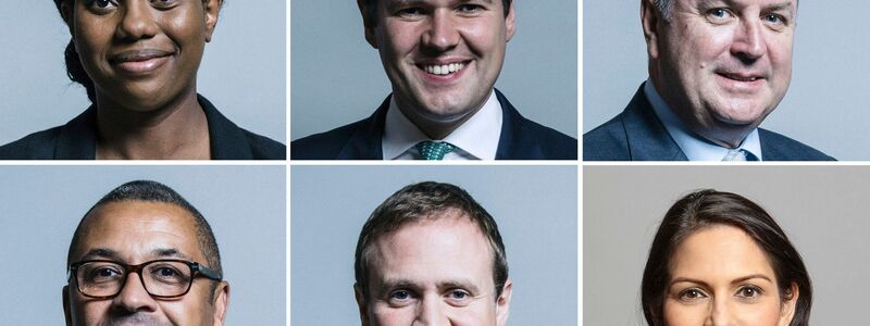 Sechs Kandidatinnen und Kandidaten haben offiziell Bewerbungen angekündigt: Kemi Badenoch, Robert Jenrick und Mel Stride, Priti Patel, Tom Tugendhat und James Cleverly (im Uhrzeigersinn). - Foto: Uncredited/UK Parliament/AP/dpa