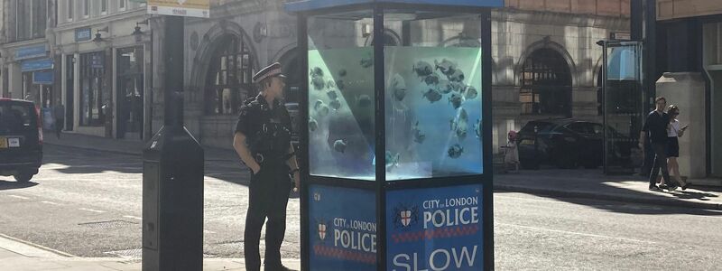 Das Polizeihäuschen ähnelt einer Telefonzelle, wirkt aber mit den Banksy-Fischen wie ein Aquarium. - Foto: Jordan Reynolds/PA Wire/dpa