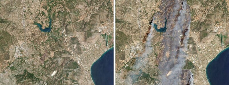 Rund 100 Quadratkilometer Fläche sind verbrannt. - Foto: Planet Labs Inc./dpa