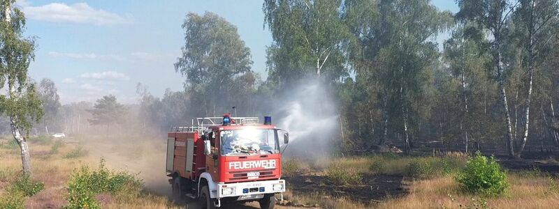 Die Feuerwehr löscht von Wegen aus beim Waldbrand in Jüterbog.  - Foto: Cevin Dettlaff/dpa